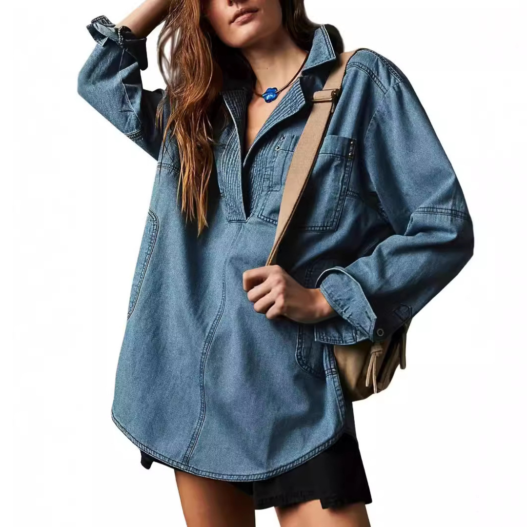 NALINAE™ – Chic V-Neck  Denim Tunic Top