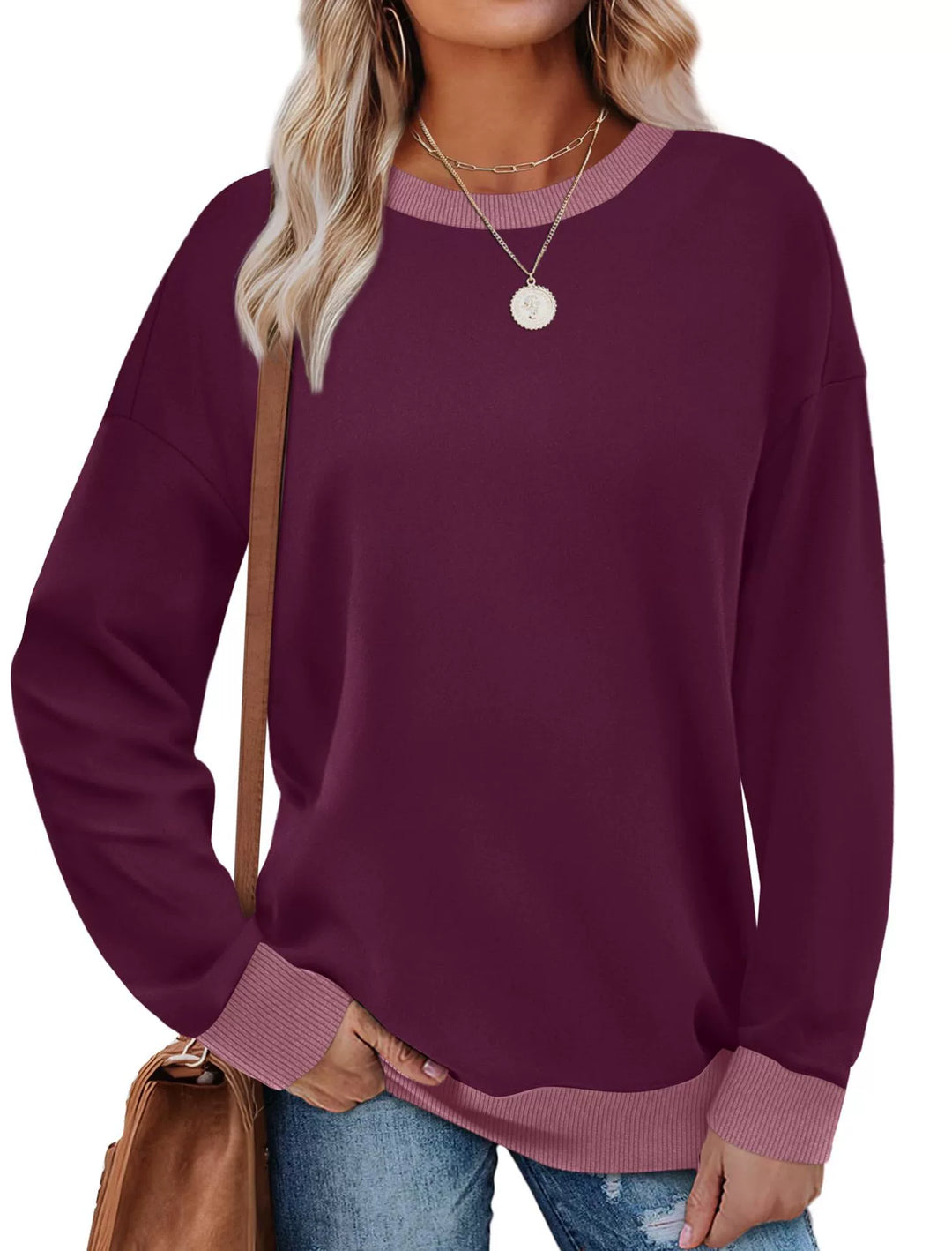 MARGARET™ - Contrast Trim Crew Neck Long Sleeve Tunic Sweatshirt